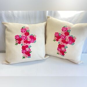 Floral Rose Cross 15” Accent Pillow Set of 2 Ivory Canvas Pink Red Floral Easter